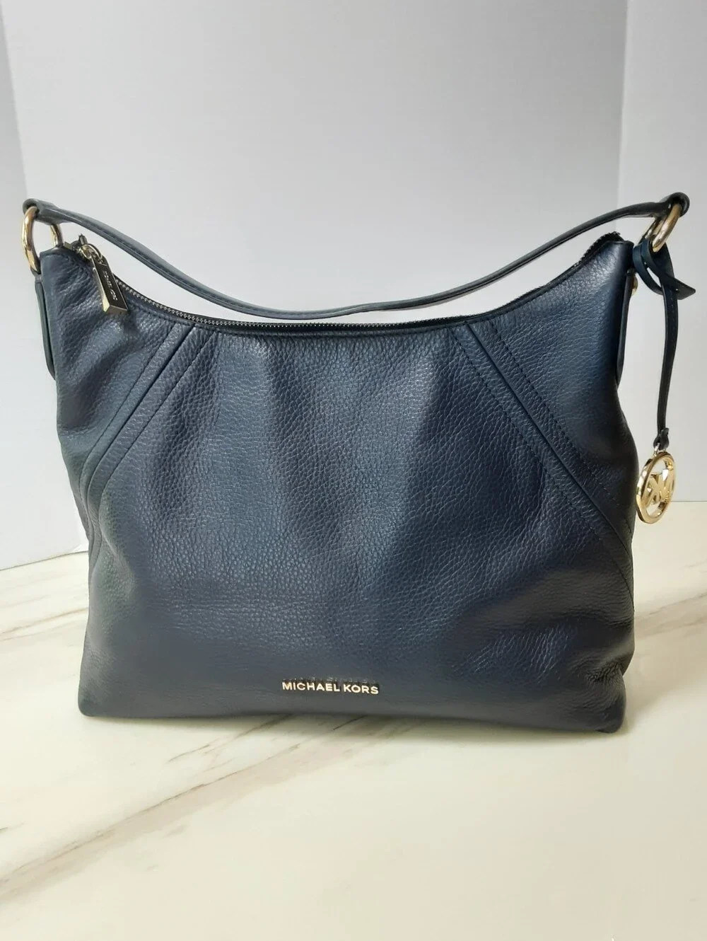 MICHAEL KORS Aria Navy Blue Pebble Leather Hobo Shoulder Bag - EUC